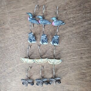 Rustic Lodge Northwoods Shower Curtain Hooks Set 12 Moose Bear Loon Canoe Resin